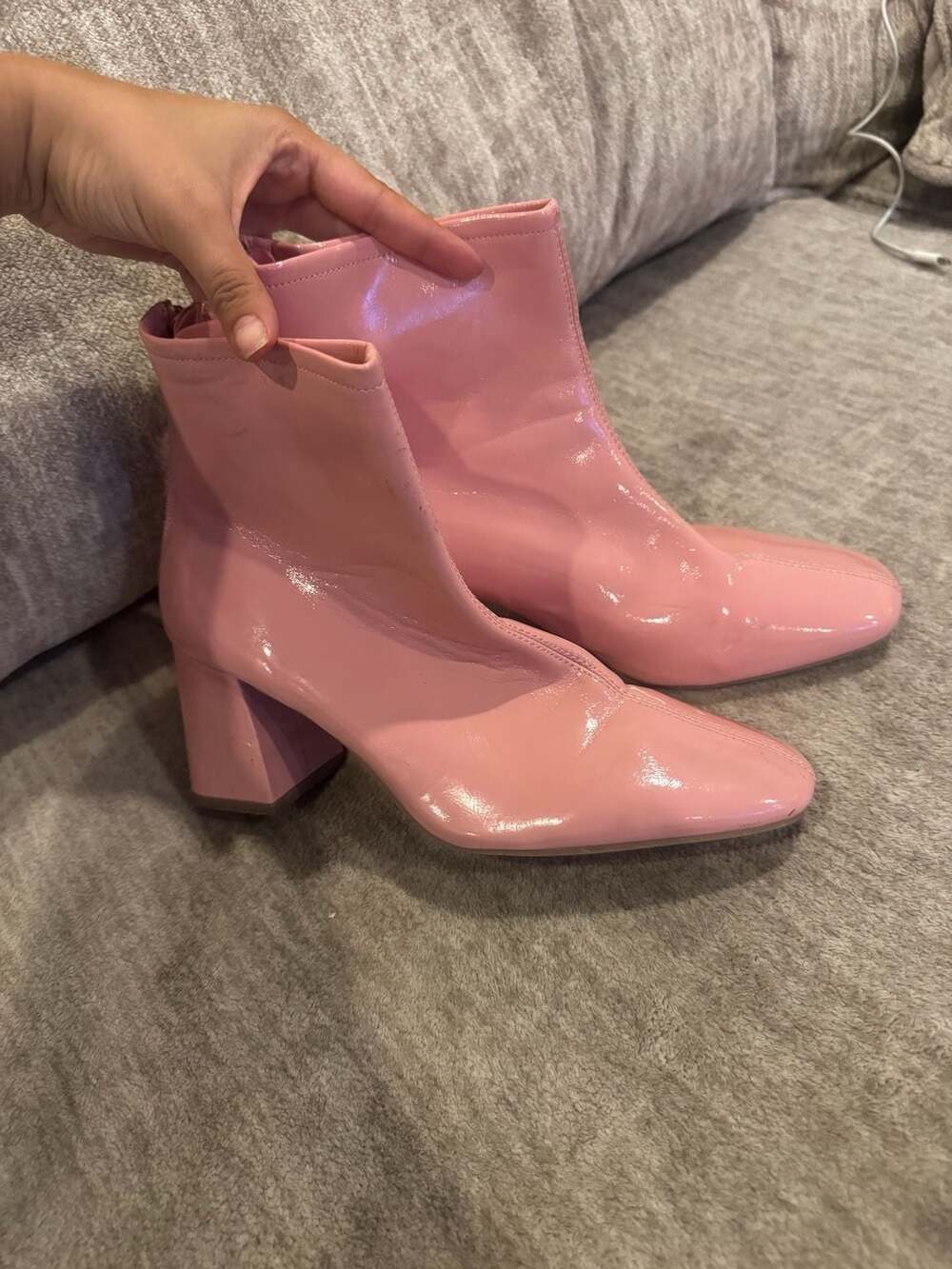 Barbiecore Pink Patent Leather Square Toe Mid Block Heel Ankle Boots